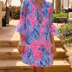 LILLY PULITZER ELENORA SILK DRESS in PERIWINKLE PURPLE FAN SEA PANTS-Size M •NWT